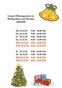 Öffnungszeiten zu Weihnachten und Silvester 2024